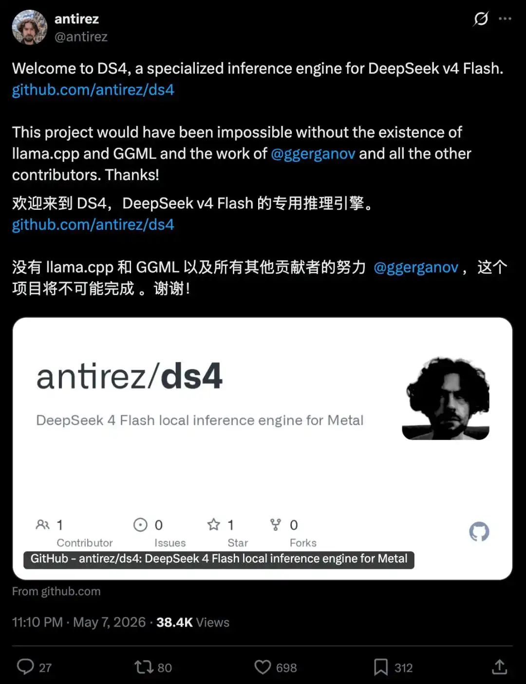 antirez 的 ds4 项目 README