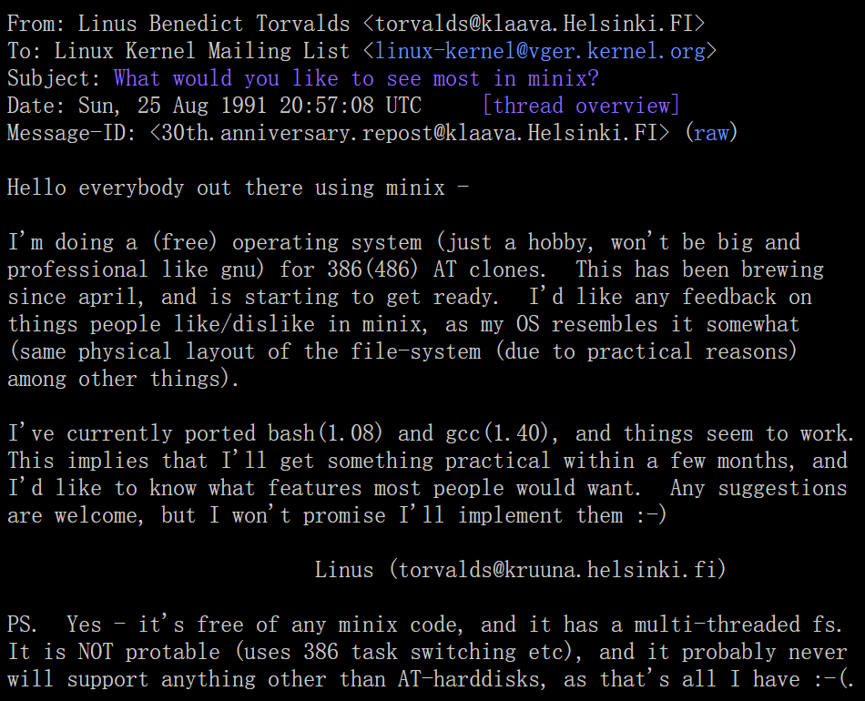 Linus Torvalds 在 comp.os.minix 新闻组的帖子